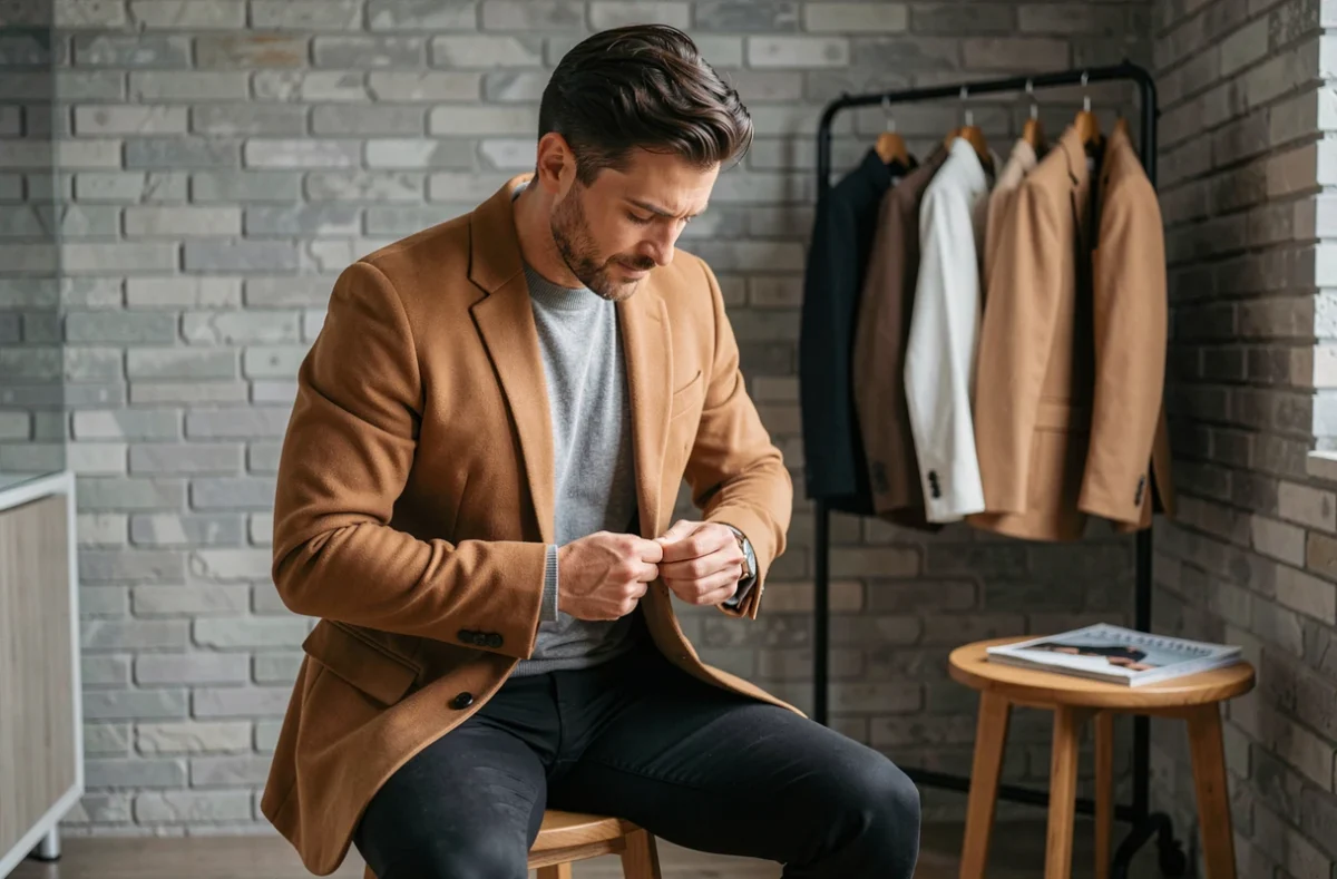 Homme superposant un blazer camel sur un pull gris dans un appartement urbain, astuce de styliste pour revisiter sa garde-robe