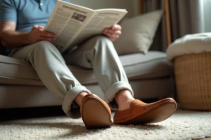 Homme assis en living avec babouches en cuir