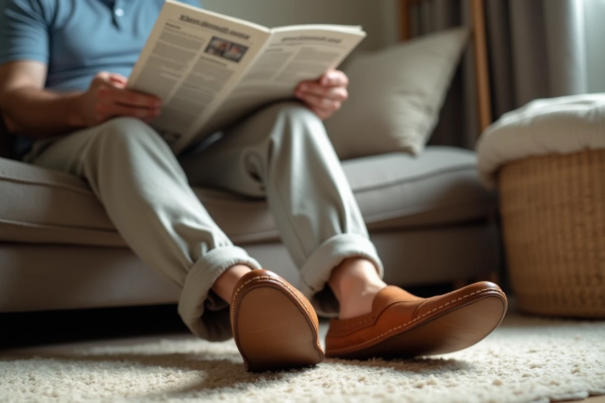 Homme assis en living avec babouches en cuir