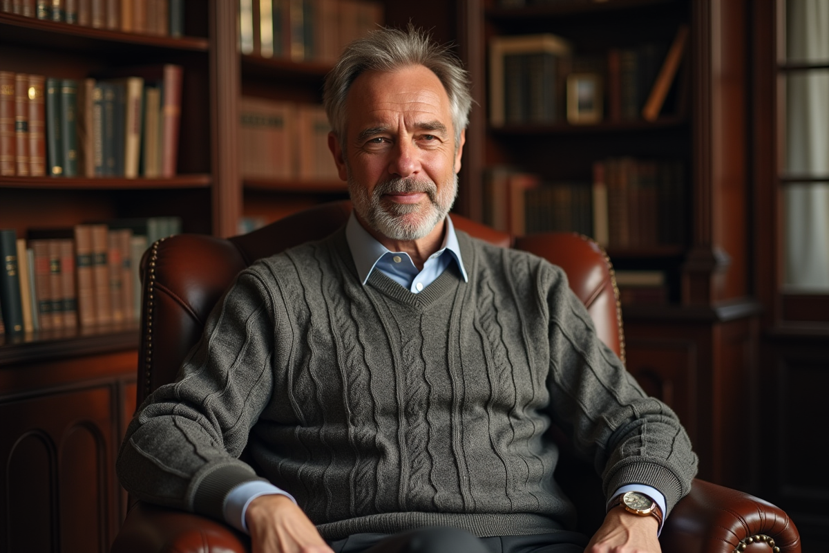 Homme mature dans une bibliothèque chaleureuse