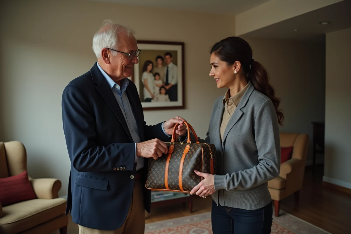 Homme âgé donnant un sac vintage à sa fille dans un salon