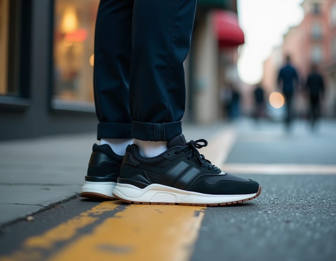 Homme élégant portant des sneakers de collection rares et coûteuses dans un environnement urbain, vue en contre-plongée mettant en valeur les chaussures