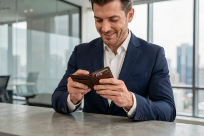 Homme en costume marine tenant un portefeuille en cuir personnalisé ouvert, dans un bureau moderne avec vue sur la ville