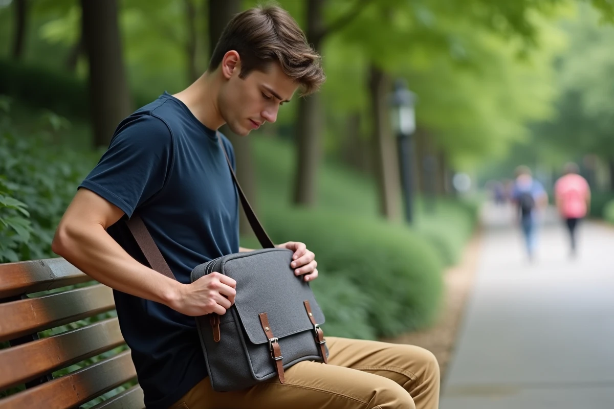 Jeune homme attachant une bandoulière de sac en plein air