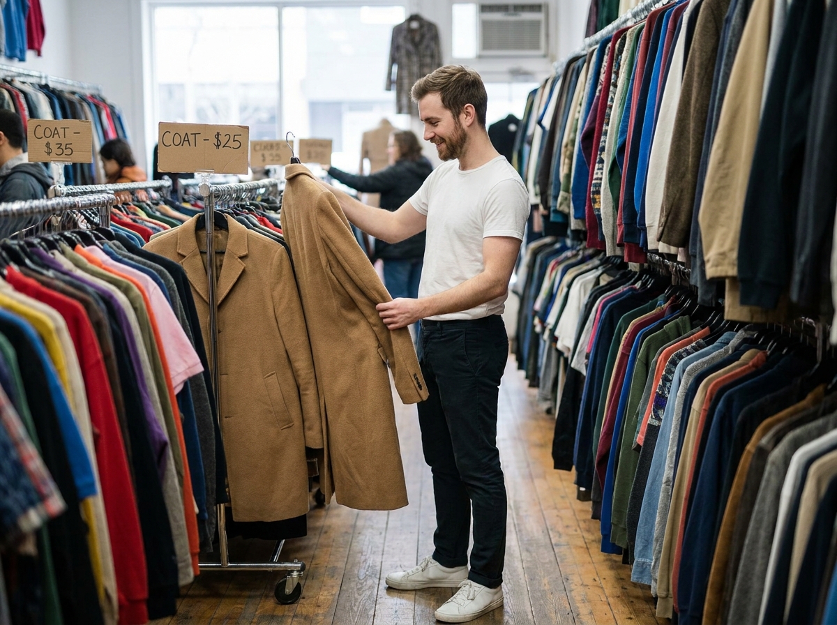 Homme découvrant un manteau élégant dans une friperie ou boutique de vêtements à petit prix avec des portants colorés en arrière-plan