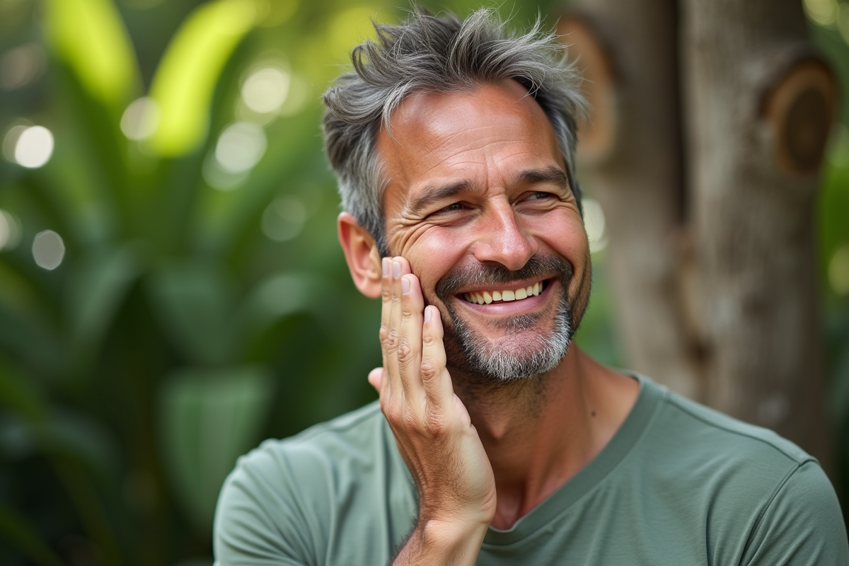 Homme d age appliquant serum vitamine E dans un jardin
