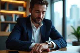 Homme d'affaires vérifiant l'heure sur sa montre dans un bureau moderne