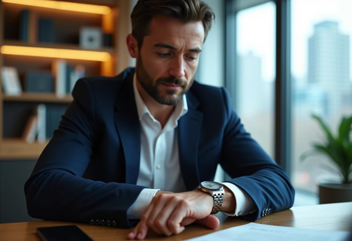 Homme d'affaires vérifiant l'heure sur sa montre dans un bureau moderne