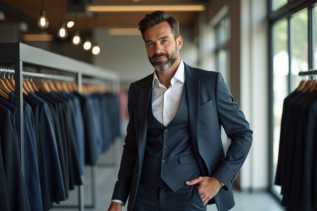 Homme en costume essayant une veste élégante dans une boutique lumineuse