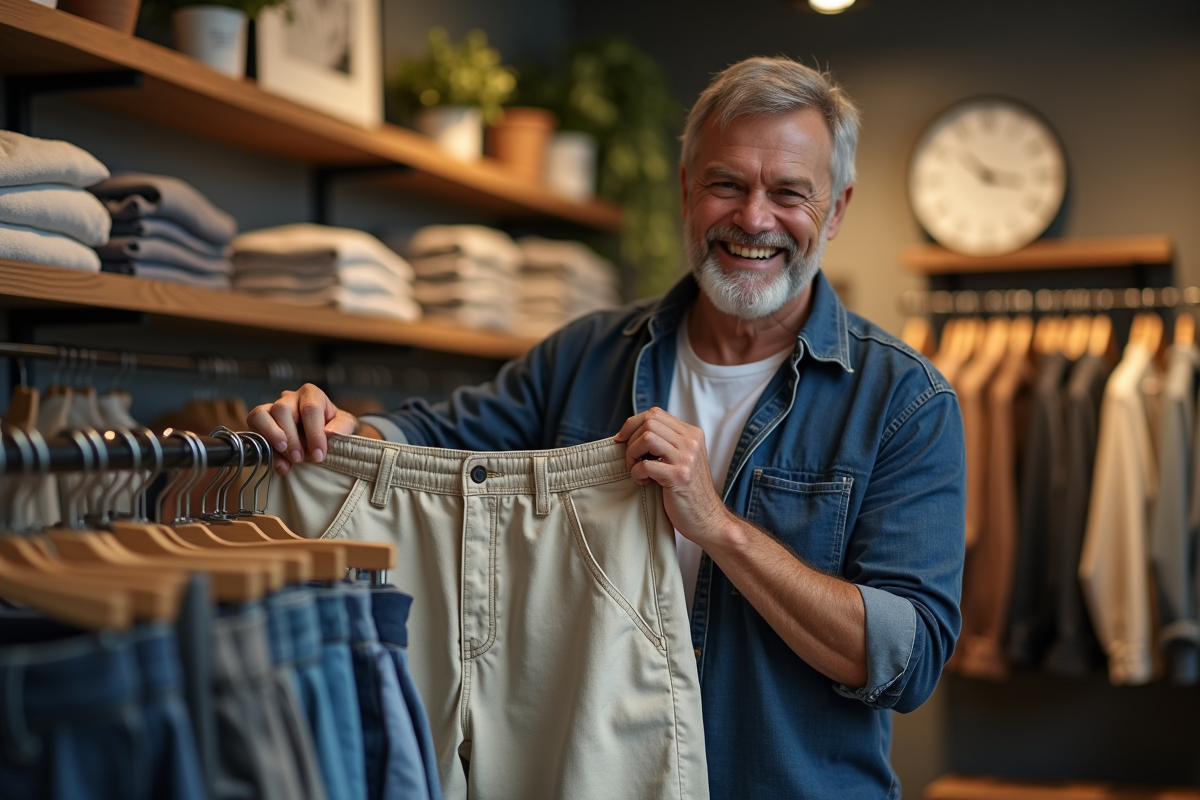Homme souriant choisissant un pantalon ample en boutique urbaine