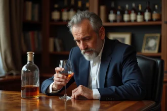 Homme d'âge moyen examinant une bouteille vintage dans un bureau élégant