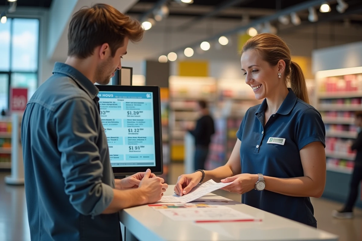 Employée informant un client sur les horaires et services du magasin PILOU Givors