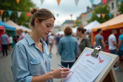 Femme remplissant un formulaire d'inscription au stand d'enregistrement de la Braderie lors d'une fête foraine française