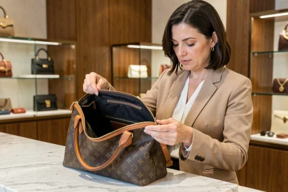Femme experte inspectant les coutures intérieures d'un sac à main de luxe dans une boutique haut de gamme