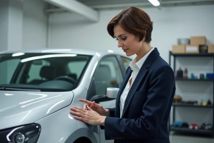 Femme inspectant une aile de voiture dans un atelier professionnel