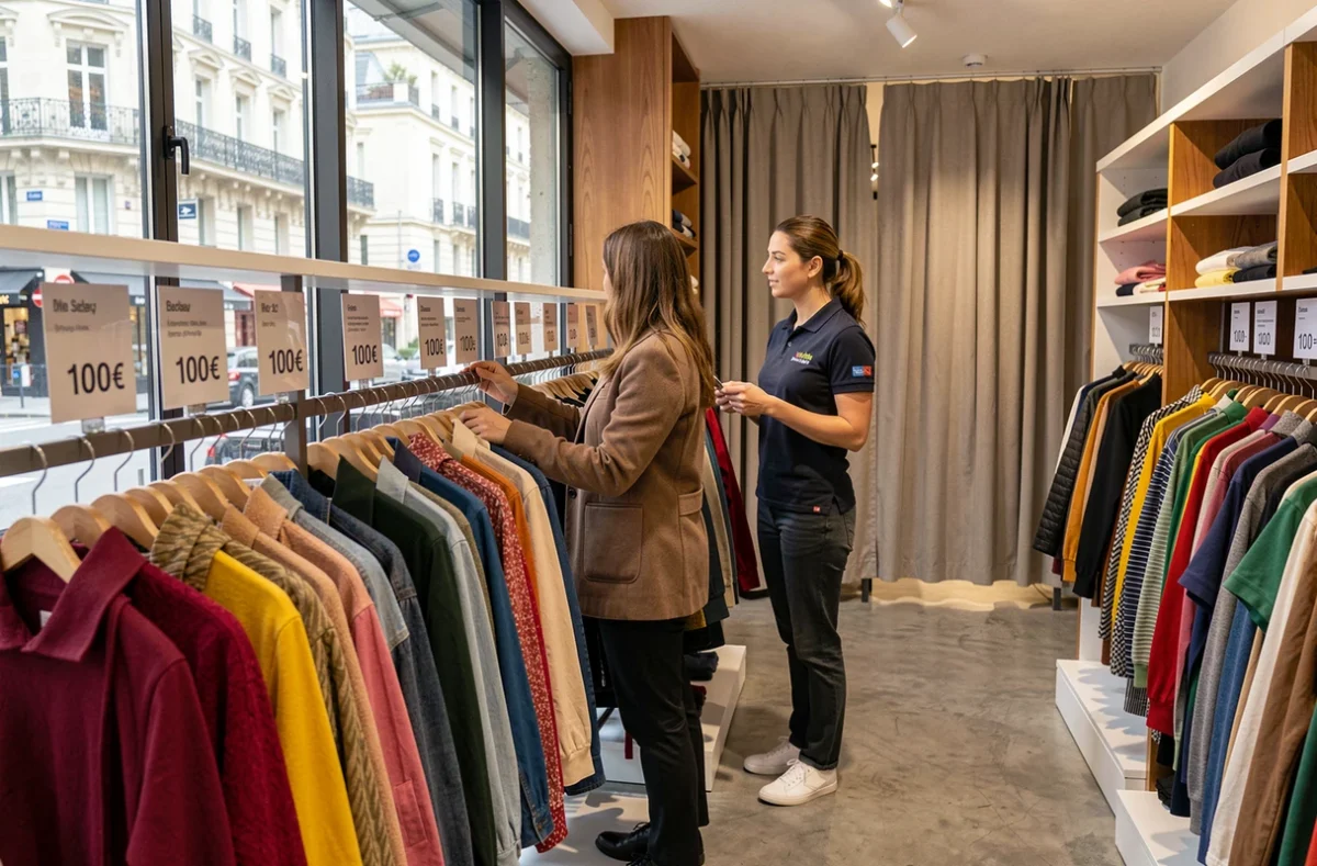 Intérieur d'un magasin de vêtements abordables sur les Champs-Élysées avec des articles à moins de 100 euros