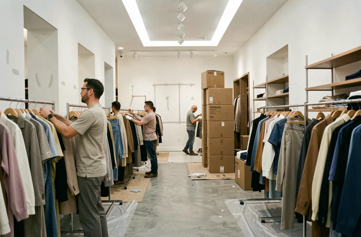 Intérieur d'un magasin Zara en cours de liquidation avec des rayonnages vidés et des employés emballant des articles