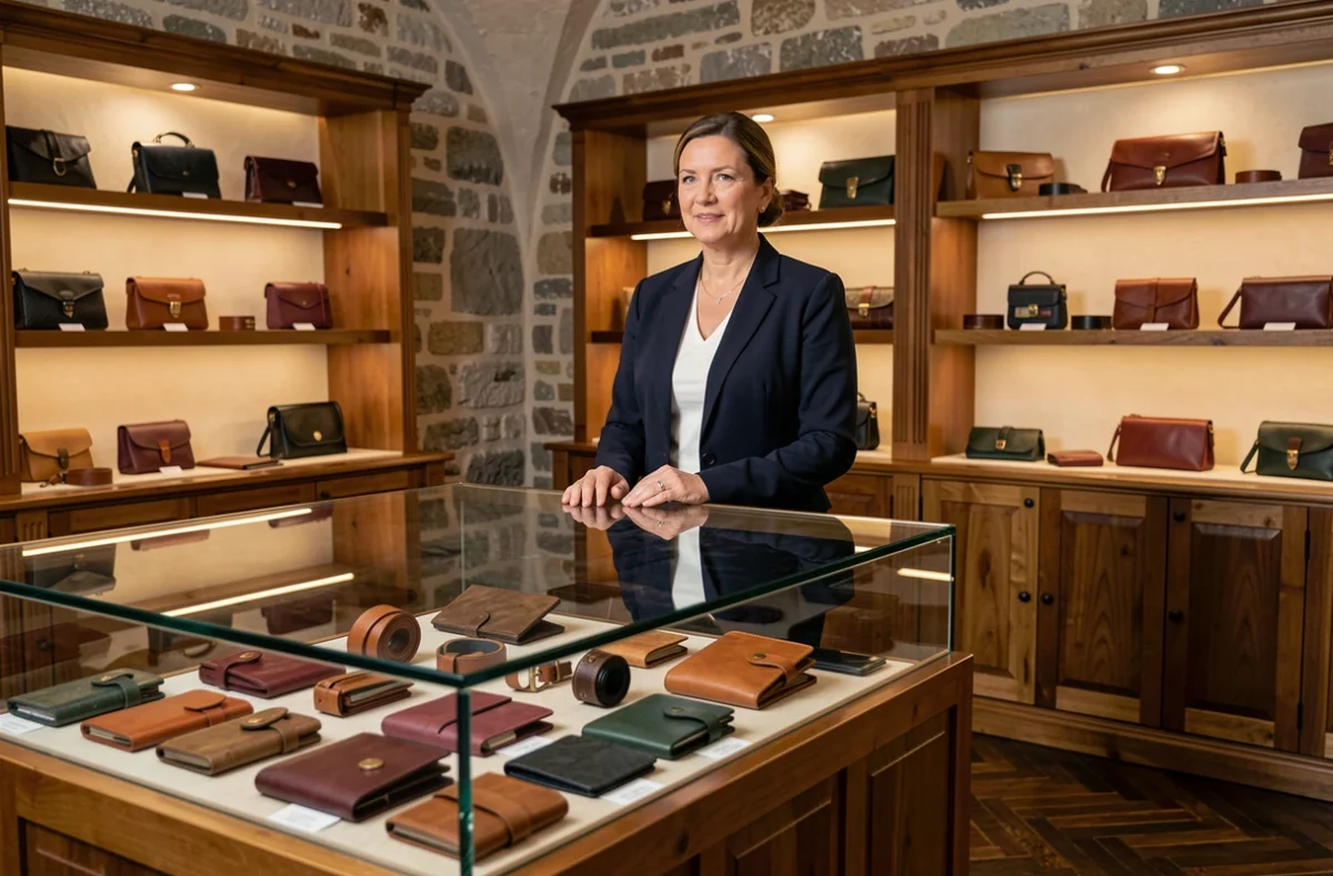 Spécialiste de la boutique Isabelle Marin Maroquinerie à Lucenay-l'Évêque devant une vitrine d'articles en cuir artisanaux