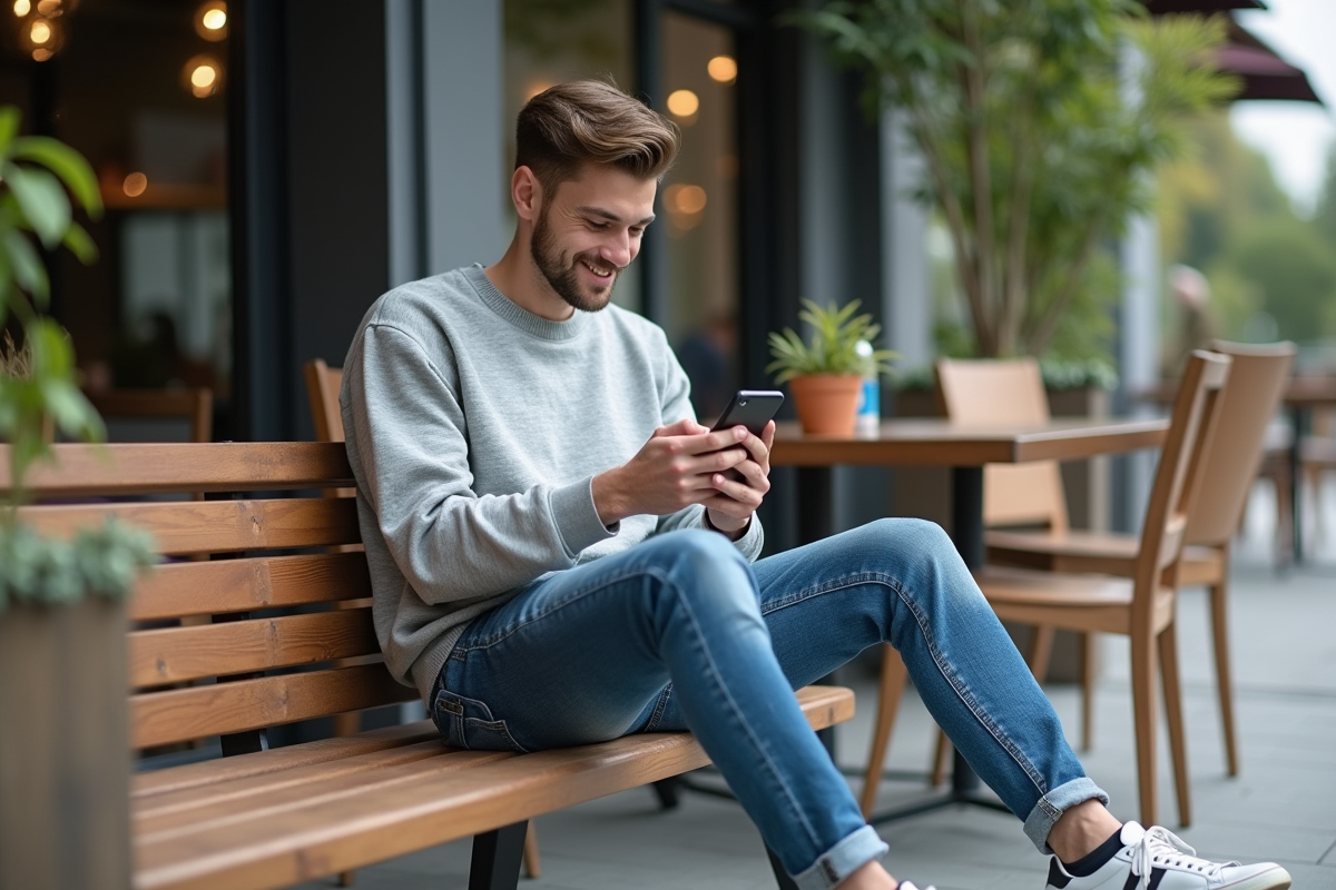 Jeune homme en jean assis dans un café en ville