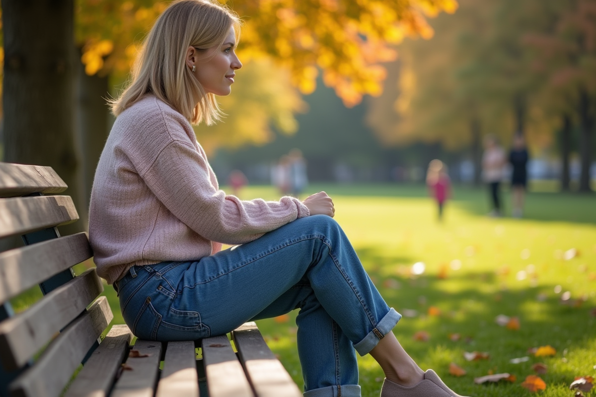 Femme en jeans détendus assise dans un parc ensoleille