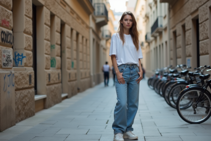 Jeune femme en jeans urbain sur un trottoir europ&eacute;en