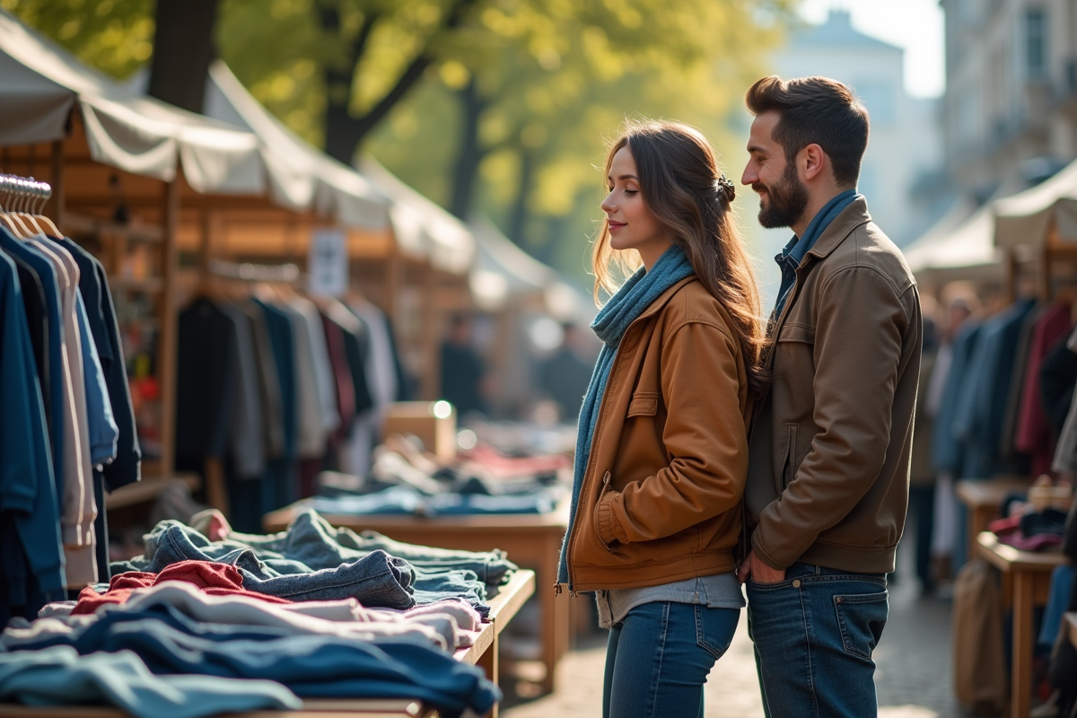 Jeune couple discutant de vêtements d