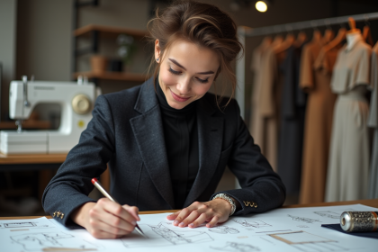 Jeune designer mode en studio avec croquis et tissus