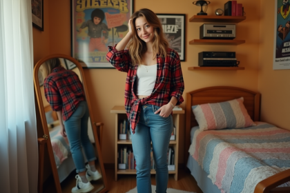 Jeune femme en 90s dans sa chambre nostalgique