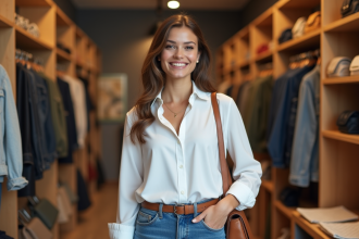 Jeune femme souriante avec sac à bandoulière dans une boutique