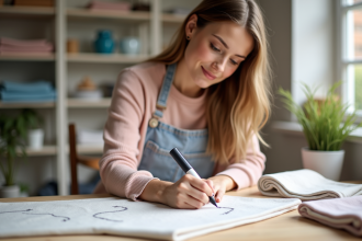 Jeune femme écrivant sur un tissu en coton avec un marqueur