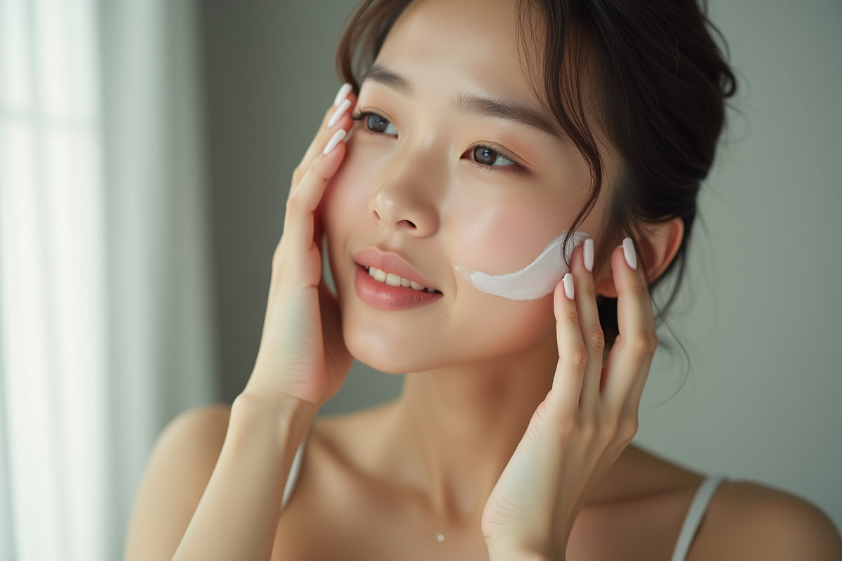Jeune femme asiatique appliquant une creme visage naturelle