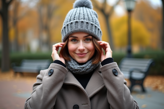 Jeune femme souriante ajustant son bonnet en ville en automne