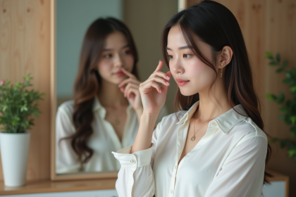 Jeune femme regardant son reflet dans un miroir en intérieur