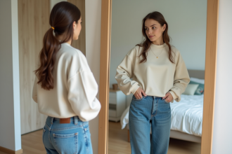 Jeune femme regardant son reflet en essayant un jean large