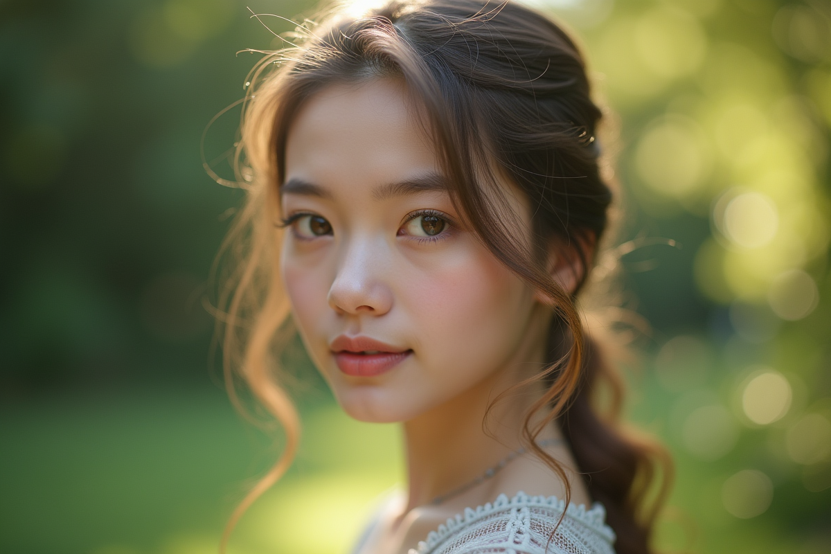 Jeune femme à la peau claire en extérieur dans la lumière naturelle