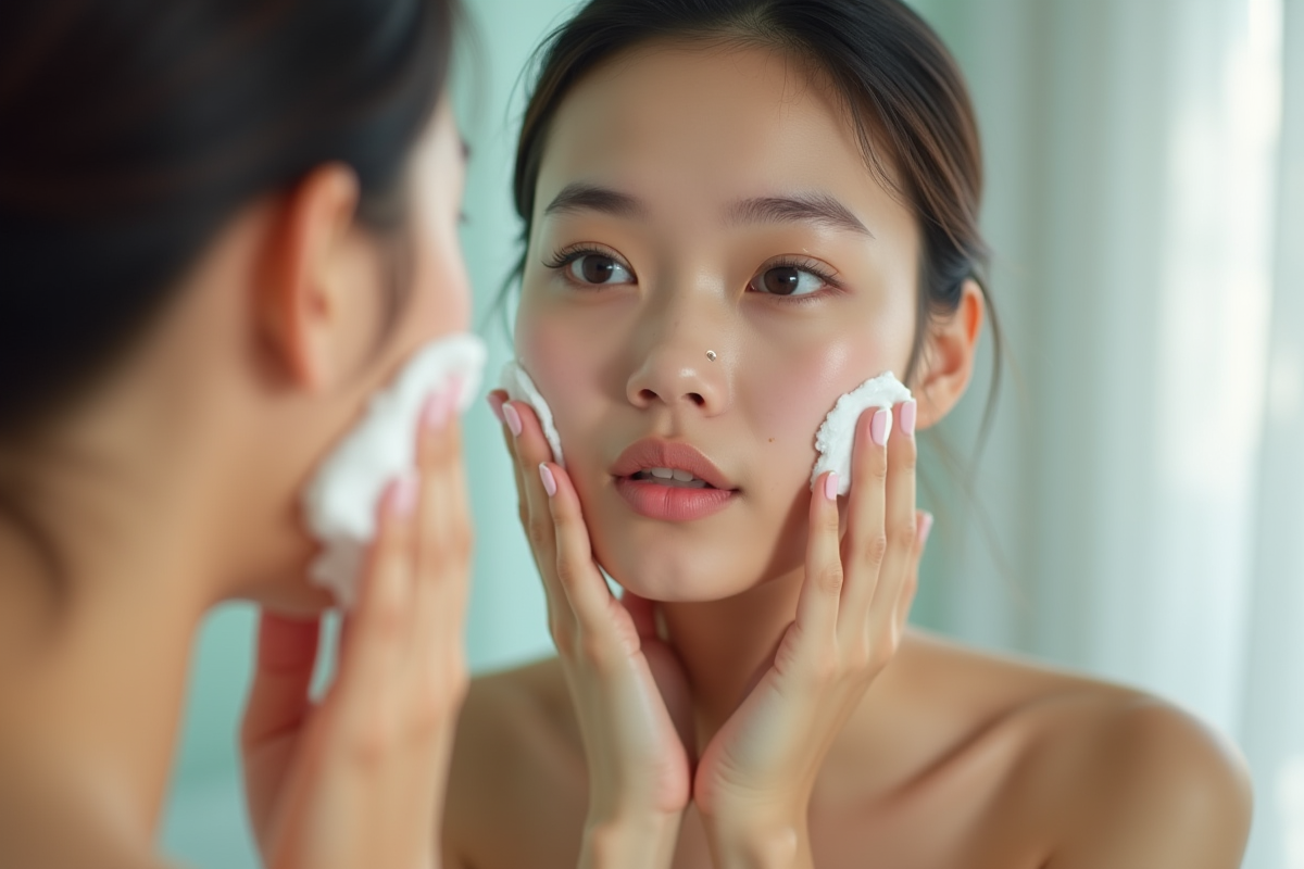 Jeune femme asiatique nettoyant son visage avec mousse