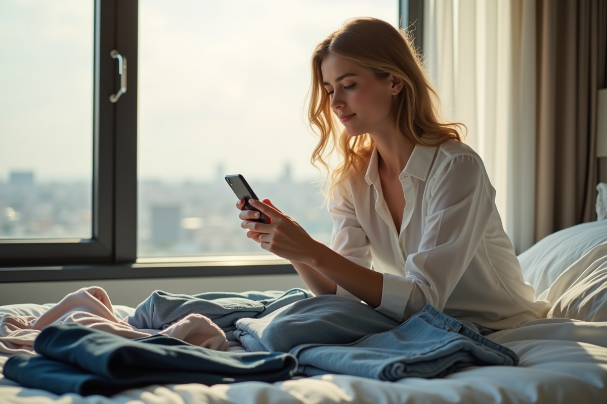 Jeune femme prenant en photo ses vêtements dans une chambre lumineuse