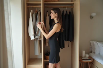 Jeune femme en robe noire dans une chambre moderne