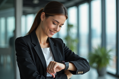 Jeune femme en bureau regardant sa smartwatch