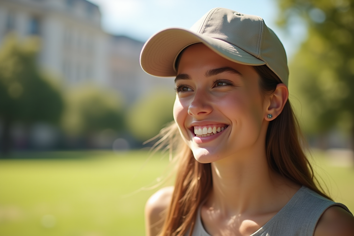 Jeune femme souriante portant une casquette dans un parc ensoleille