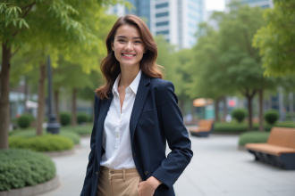 Jeune femme en blazer dans un parc urbain élégant