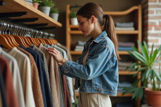 Jeune femme examine un vêtement dans une boutique vintage