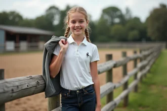 Jeune fille en polo avec motif cheval à l'extérieur