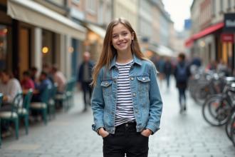 Jeune fille en denim et rayures dans une place urbaine