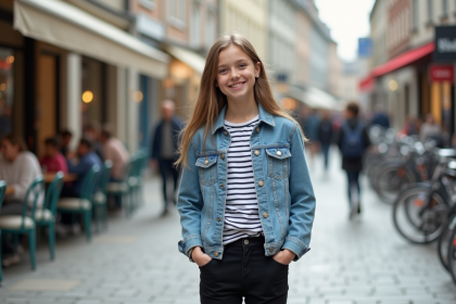 Jeune fille en denim et rayures dans une place urbaine