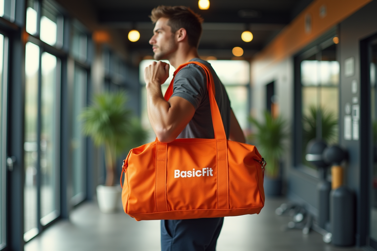 Jeune adulte en forme tenant un sac BasicFit orange devant une salle de sport