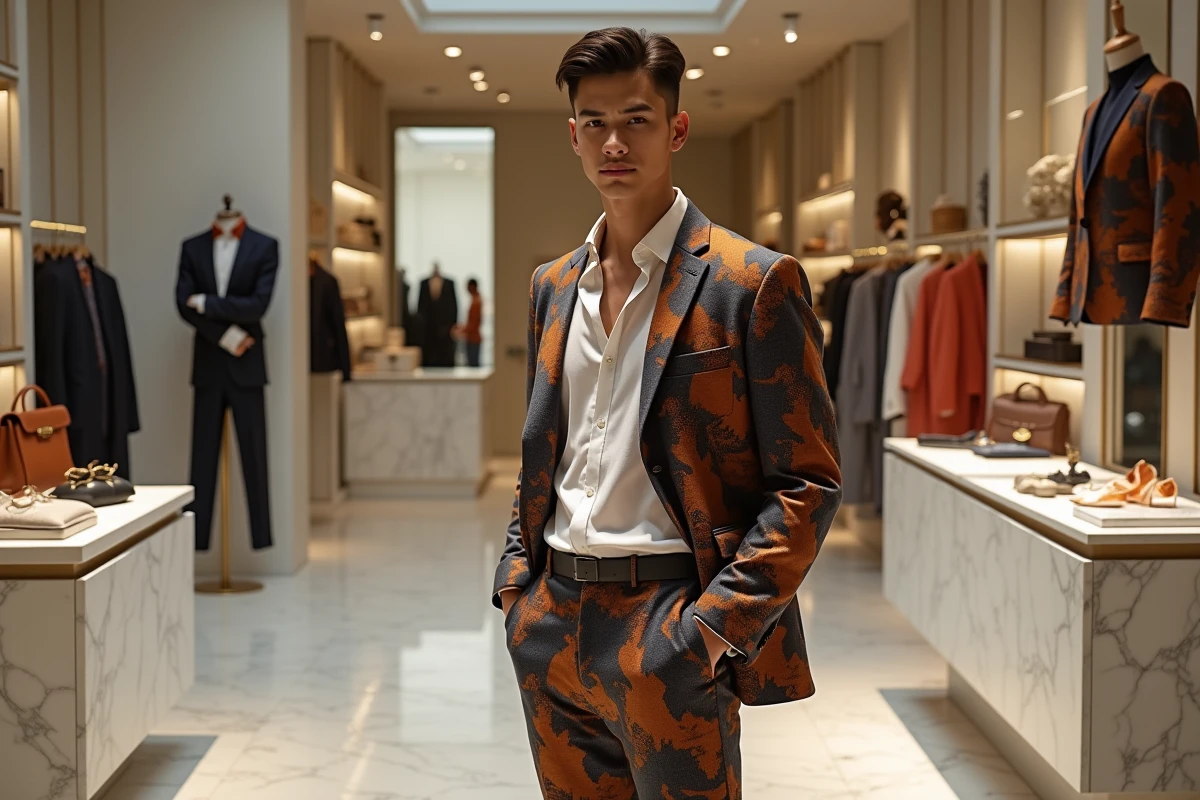 Jeune homme en costume moderne dans une boutique élégante