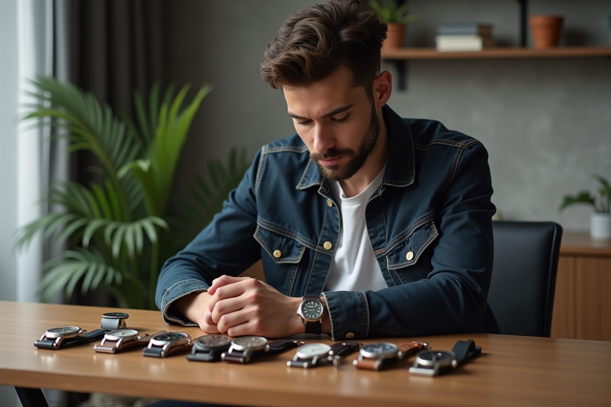 Jeune homme examinant des montres dans un bureau moderne