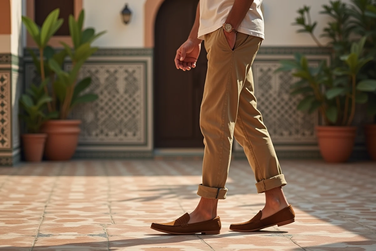 Jeune homme debout sur patio marocain avec babouches