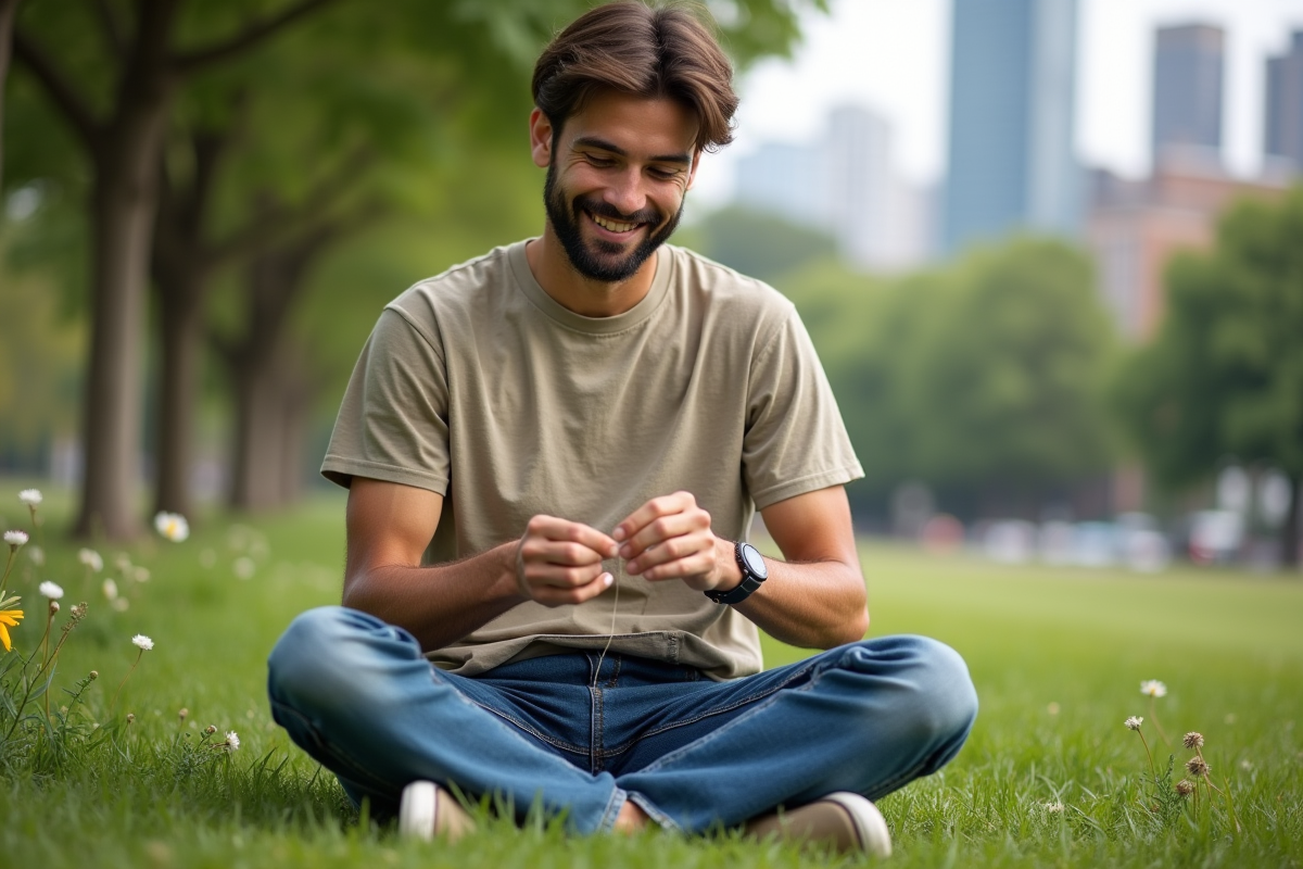 Jeune homme réparant un pantalon en plein air dans un parc urbain